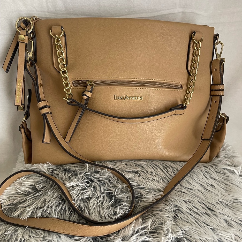 Enzo Angiolini tan bag. Vegan leather. Shoulder/ carry strap with gold accents.